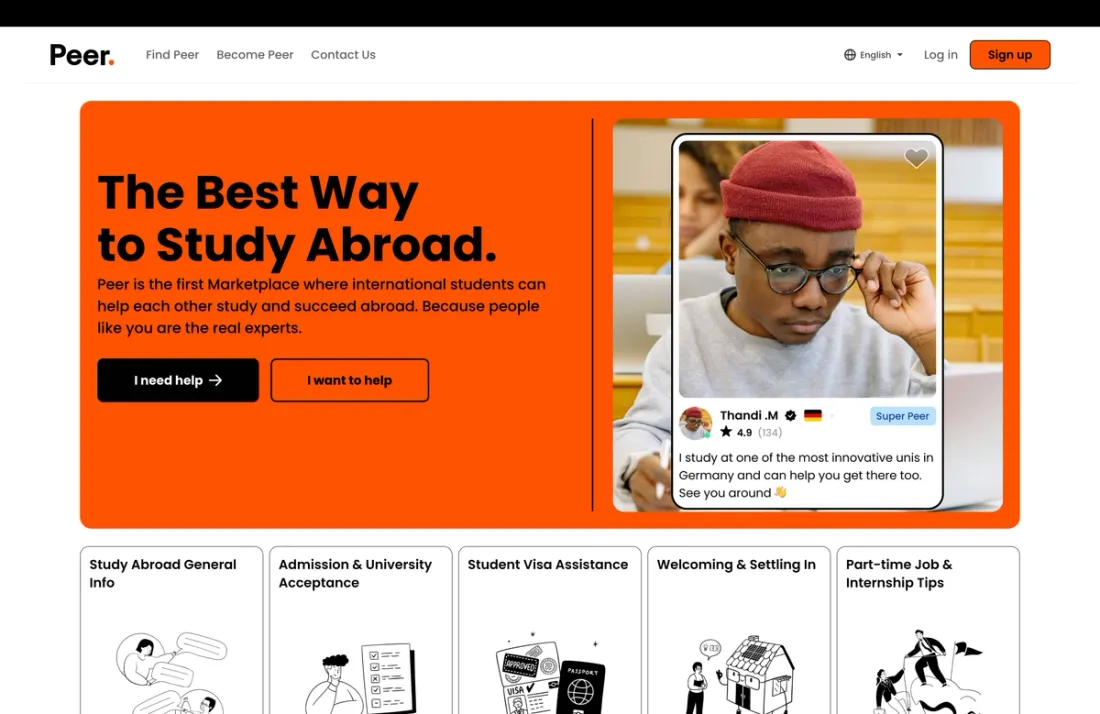FindPeer homepage: peer-to-peer marketplace where international students help each other study abroad