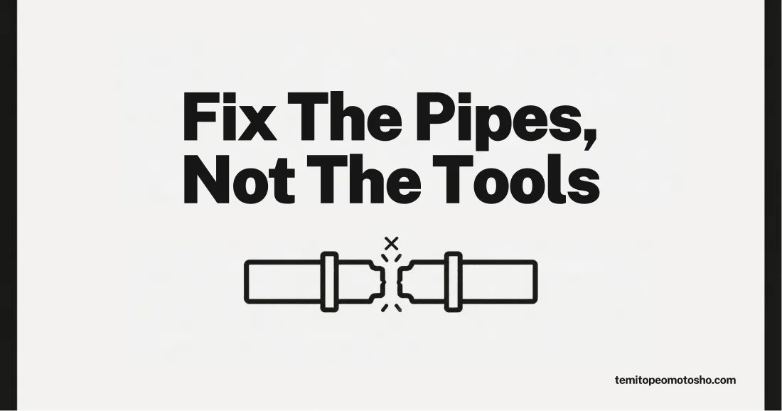Connected pipes with a gap marked X, illustrating leaks in a marketing system fixed with AI agents
