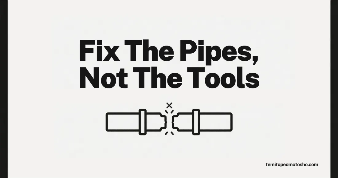 Connected pipes with a gap marked X, illustrating leaks in a marketing system fixed with AI agents