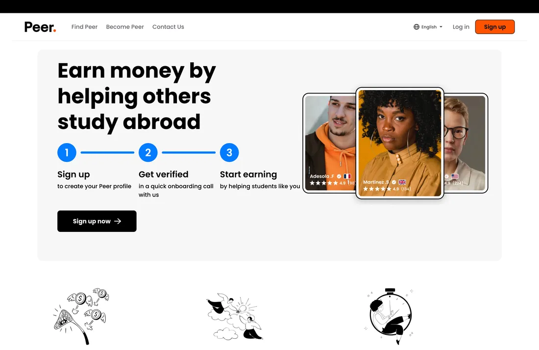 FindPeer Become a Peer page: sign up, get verified and earn money helping students study abroad