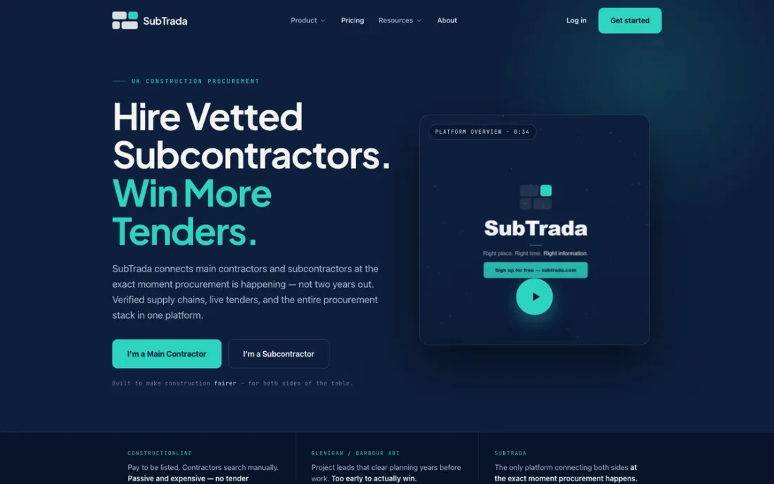 SubTrada homepage: AI-powered procurement platform for UK construction, hire vetted subcontractors and win more tenders