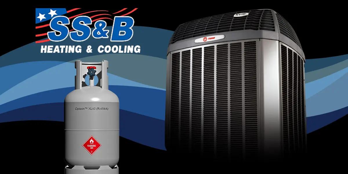 A Trane air conditioner featuring an R-454B refrigerant tank, set against a background of blue graphic waves symbolizing sustainability and energy efficiency.