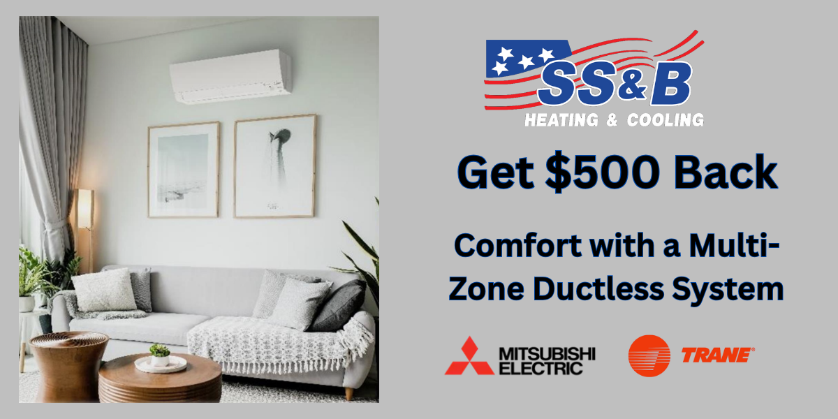 SS&B Heating & Cooling in Springfield, MO offers a $500 rebate on Mitsubishi Electric Trane multi-zone ductless systems. Image shows modern living room with wall-mounted indoor unit.