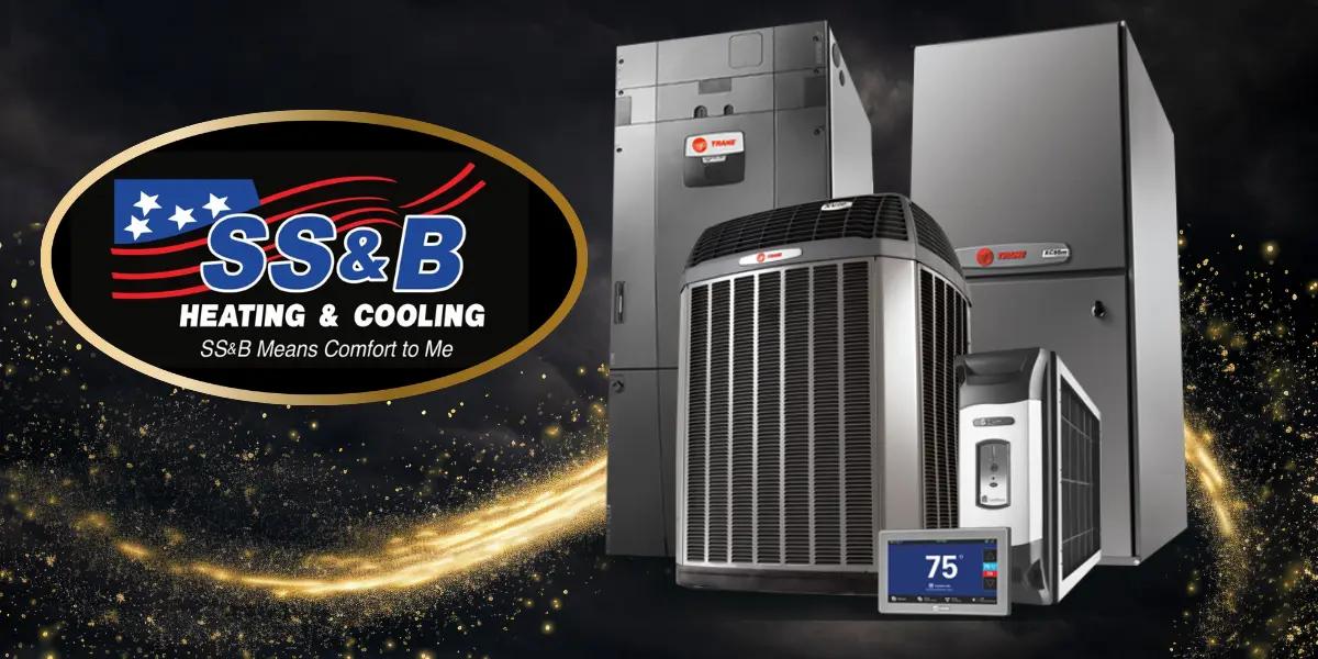 SS&B Heating & Cooling logo alongside Trane HVAC equipment, including furnaces, air conditioners, and smart thermostats, with a sparkling background symbolizing comfort and efficiency.