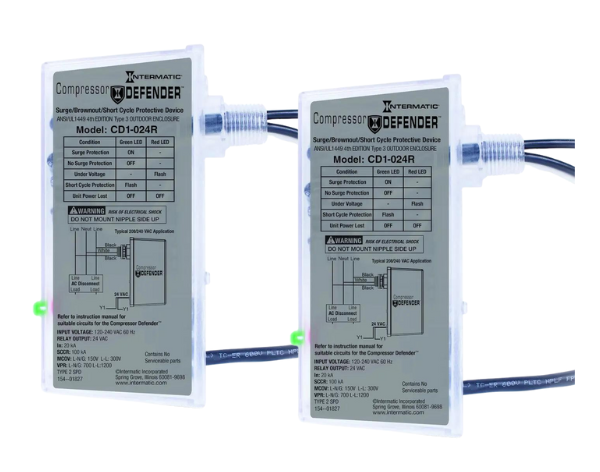 Pair of Intermatic Compressor Defender® surge protectors designed specifically for HVAC systems, offering robust protection against voltage spikes and drops to safeguard air conditioner and heat pump condensing units. This device ensures the safety of associated motors, controls, and other electronic and mechanical components.