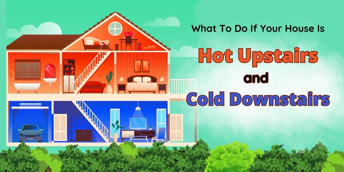 Two-story Springfield, MO home illustration with the upper floor highlighted in red to indicate warmth and the lower floor in blue to signify coolness.