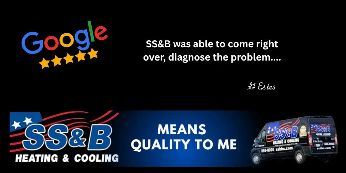 Google review quote from Genesis Estes praising SS&B Heating & Cooling for fast AC repair service in Missouri summer heat