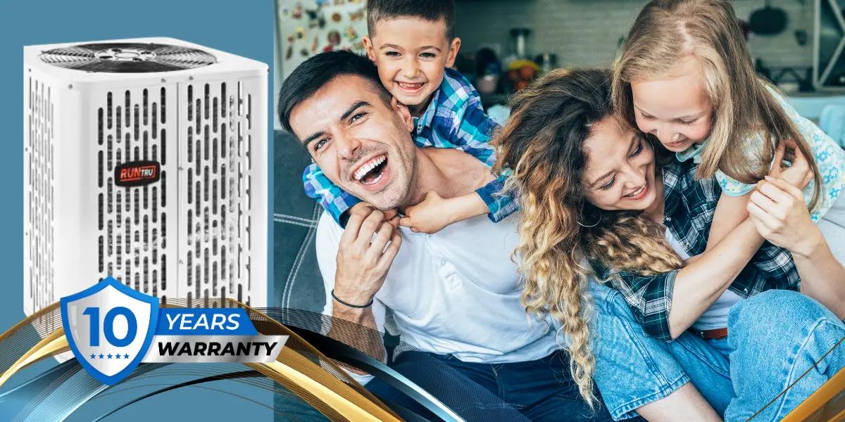 A joyful family gathered inside their cool home, with the reliable RunTru A4AC5 air conditioner by Trane visible on the side, symbolizing 10 years of worry-free comfort and warranty protection.