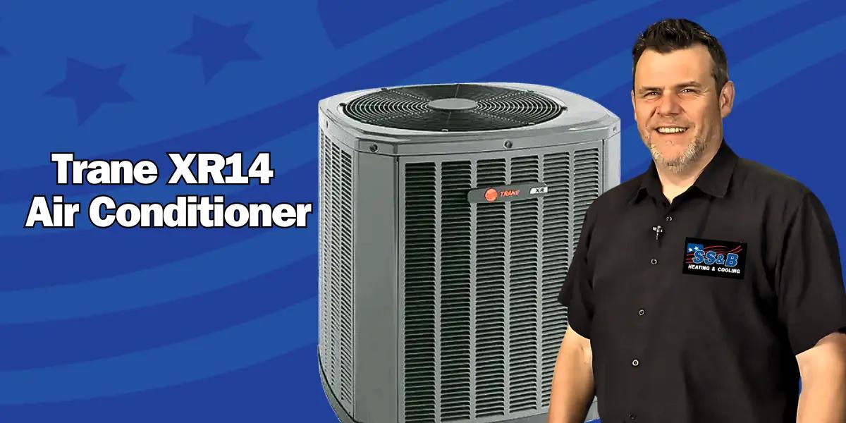 Trane XR14 Air Conditioner unit with Tom, our spokesman, standing beside it in Springfield, MO. Tom is smiling, dressed in the SS&B Heating & Cooling uniform, ready to explain the benefits of this efficient and reliable cooling solution.