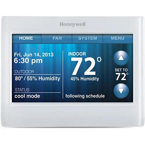 Honeywell Wi-Fi 9000 Color Touchscreen Thermostat provided by SS&B Heating & Cooling, featuring a customizable display with smart home connectivity options.