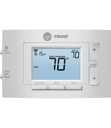 Trane XR202 Thermostat, featured by SS&B Heating & Cooling in Springfield, MO, highlighting its compact design and dependable temperature adjustment capabilities.