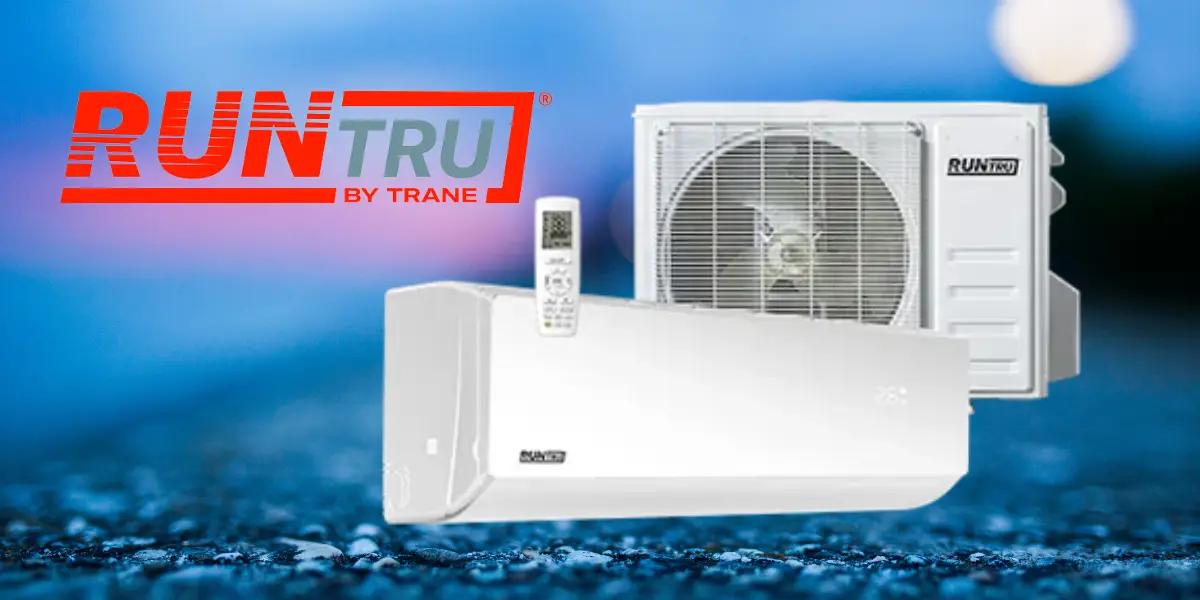 RunTru by Trane 17 SEER2 ductless HVAC system featuring an indoor unit, outdoor unit, and remote control, set against a blue background.