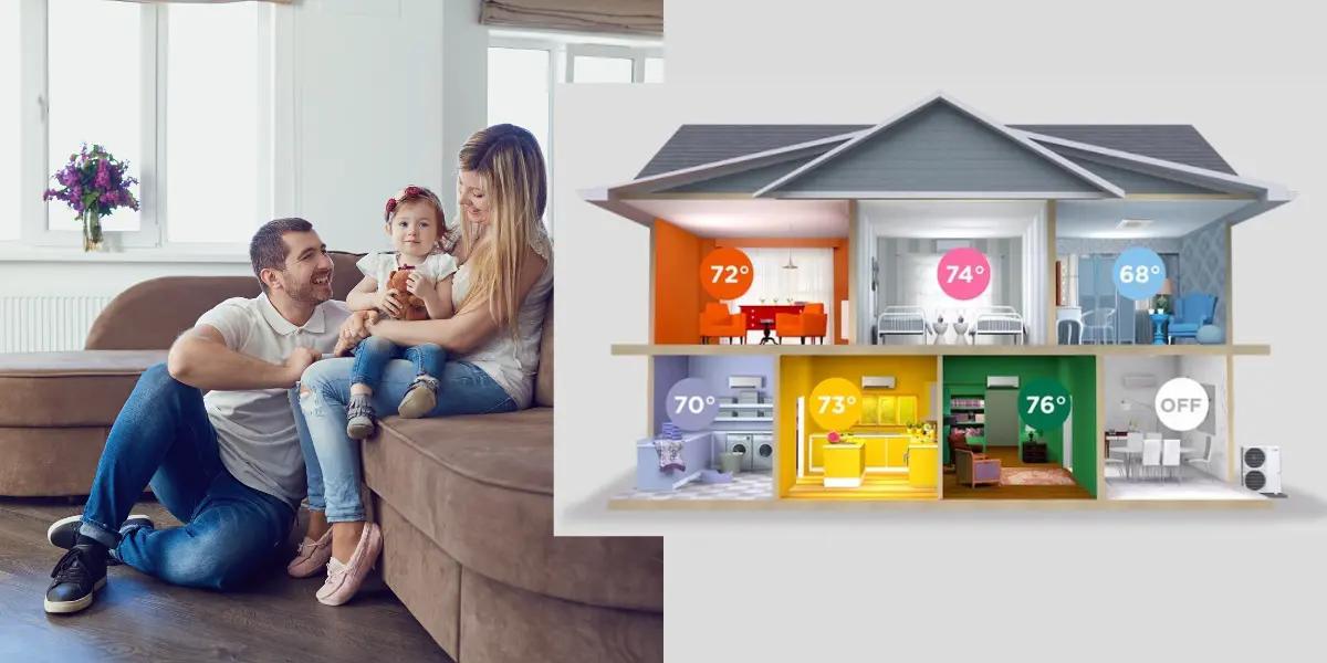 Happy family enjoying time together indoors in a comfortably furnished living room, depicted with a split-screen effect showing the home space at various temperatures, illustrating warm and cool climate settings within the home.
