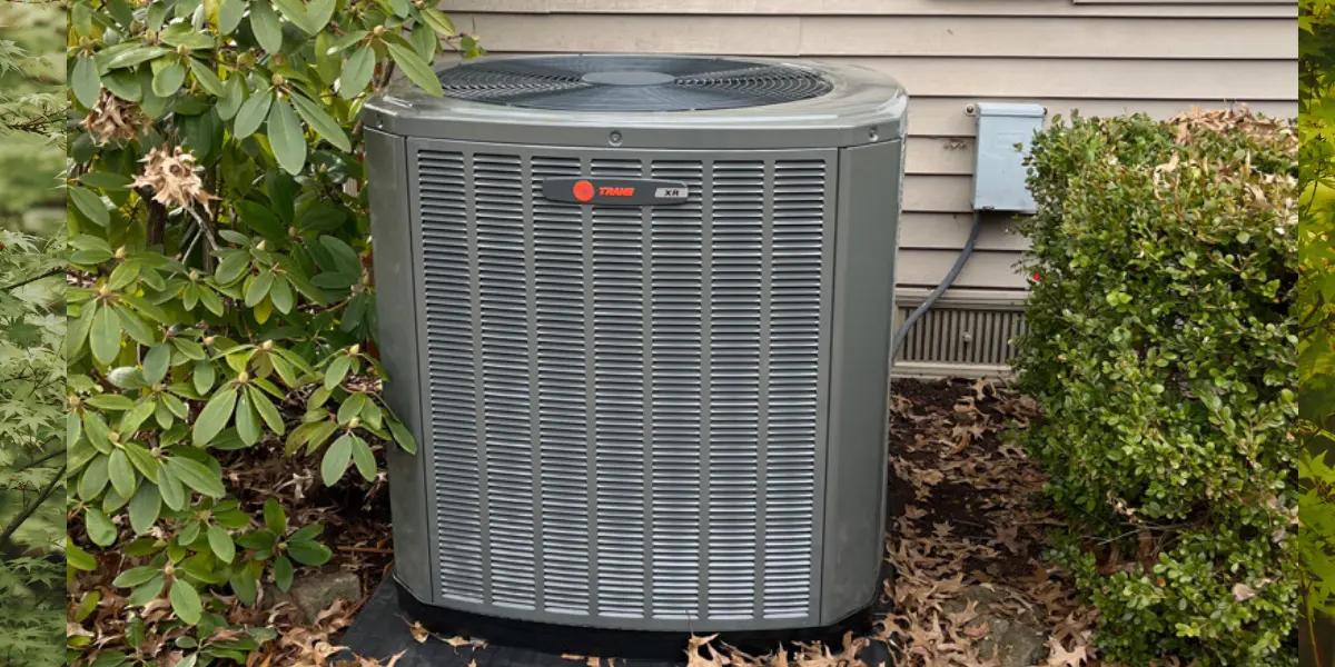 Trane AC outdoor unit with landscaping encroaching and leaf debris, emphasizing the importance of maintaining clearance for efficient operation.