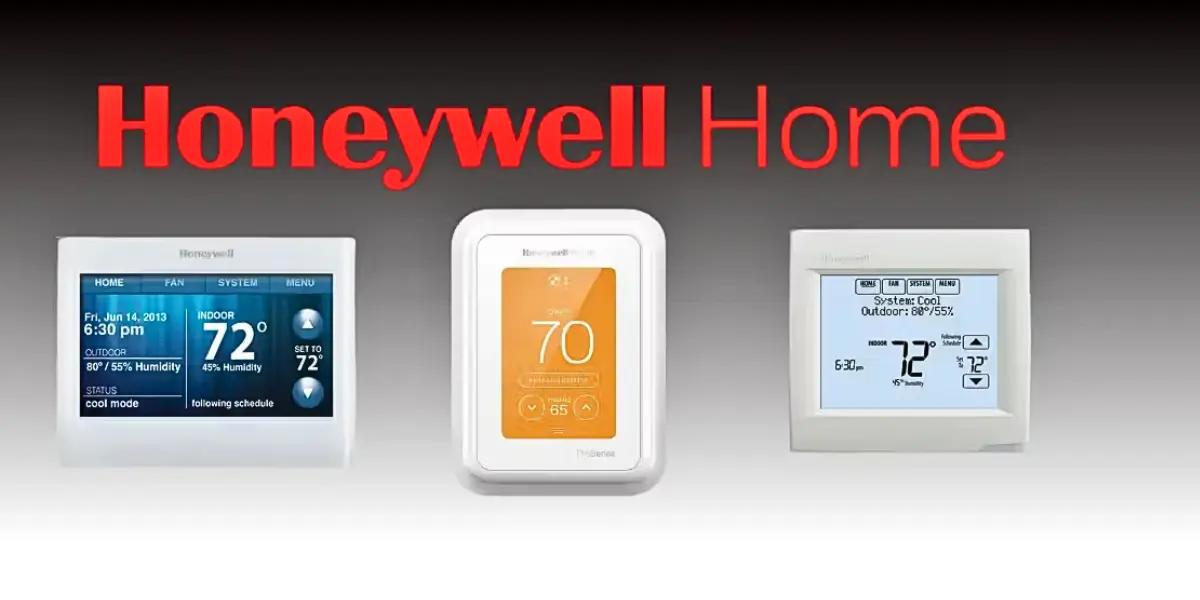 Honeywell Home thermostats displayed against a black gradient background. The thermostats feature different screen designs, including digital touchscreens and traditional button interfaces. The Honeywell Home logo is prominently displayed in red at the top. SS&B Heating & Cooling in Springfield, MO offers these reliable thermostat solutions for enhanced home comfort and energy efficiency.