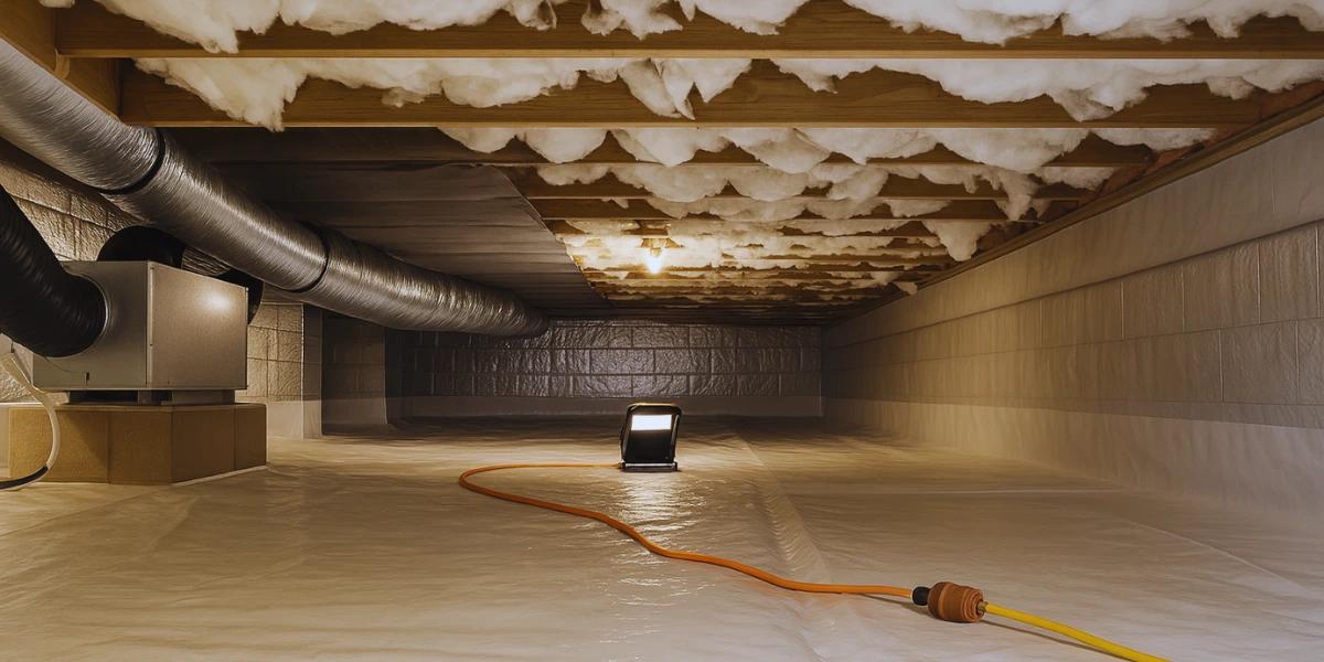 Encapsulated crawl space with vapor barrier, insulation, HVAC ductwork, and dehumidifier in Springfield, MO.