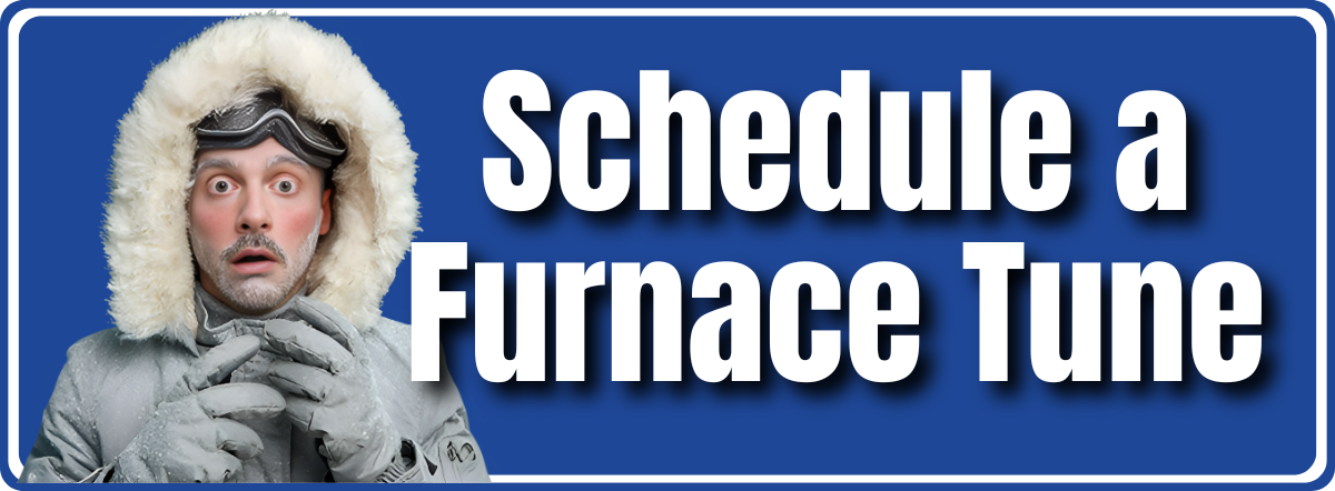 Man freezing a coat on and text, Schedule a Furnace Tune.