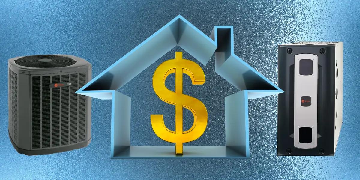 Illustration of a home outline with a large dollar sign in the center, flanked by a Trane air conditioning unit on the left and a Trane furnace on the right, representing the cost-effectiveness and efficiency of matched HVAC systems for home heating and cooling.