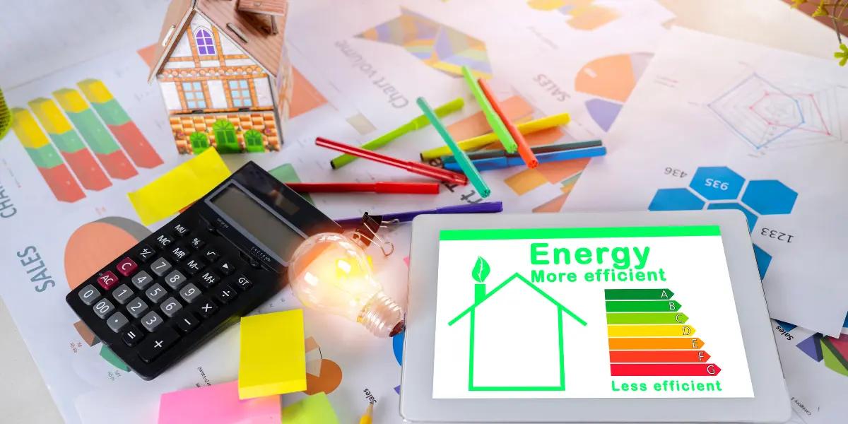 Tablet with HVAC energy savings data, accompanied by energy-efficient lightbulbs, highlighting eco-friendly heating, ventilation, and air conditioning technology.