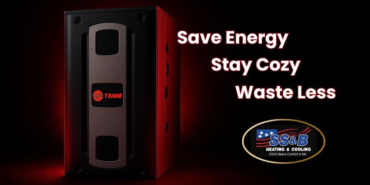 Trane high-efficiency furnace glowing with red light beside text reading ‘Save Energy, Stay Cozy, Waste Less,’ with SS&B Heating & Cooling logo promoting energy-efficient home heating in Springfield, Missouri
