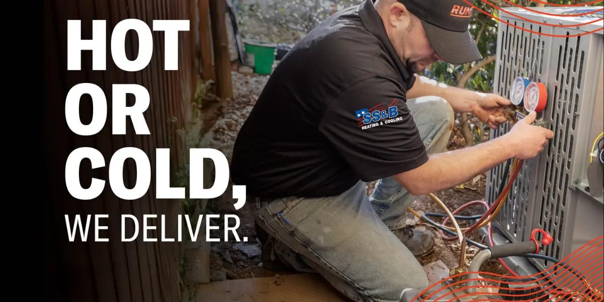 An SS&B Heating & Cooling technician servicing an outdoor HVAC unit, ensuring reliable heating and cooling performance. The text 'Hot or Cold, We Deliver' emphasizes expert HVAC services in Springfield, MO