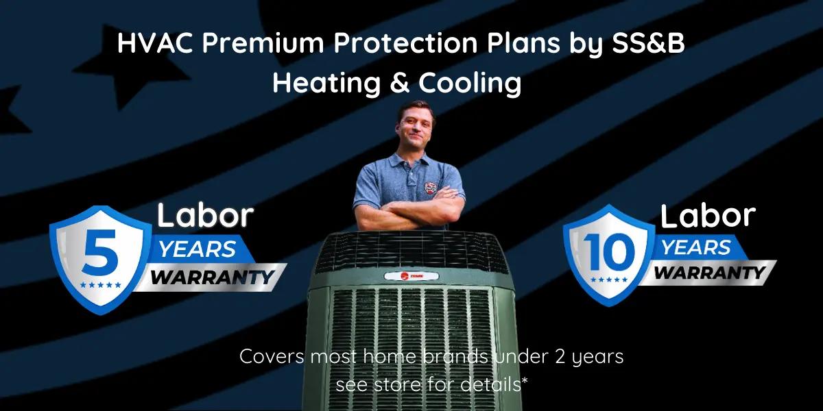 Man standing behind an air conditioner unit with banners displaying 5 and 10-year labor warranty offers, promoting the HVAC Premium Protection Plans by SS&B Heating & Cooling in Springfield, MO.