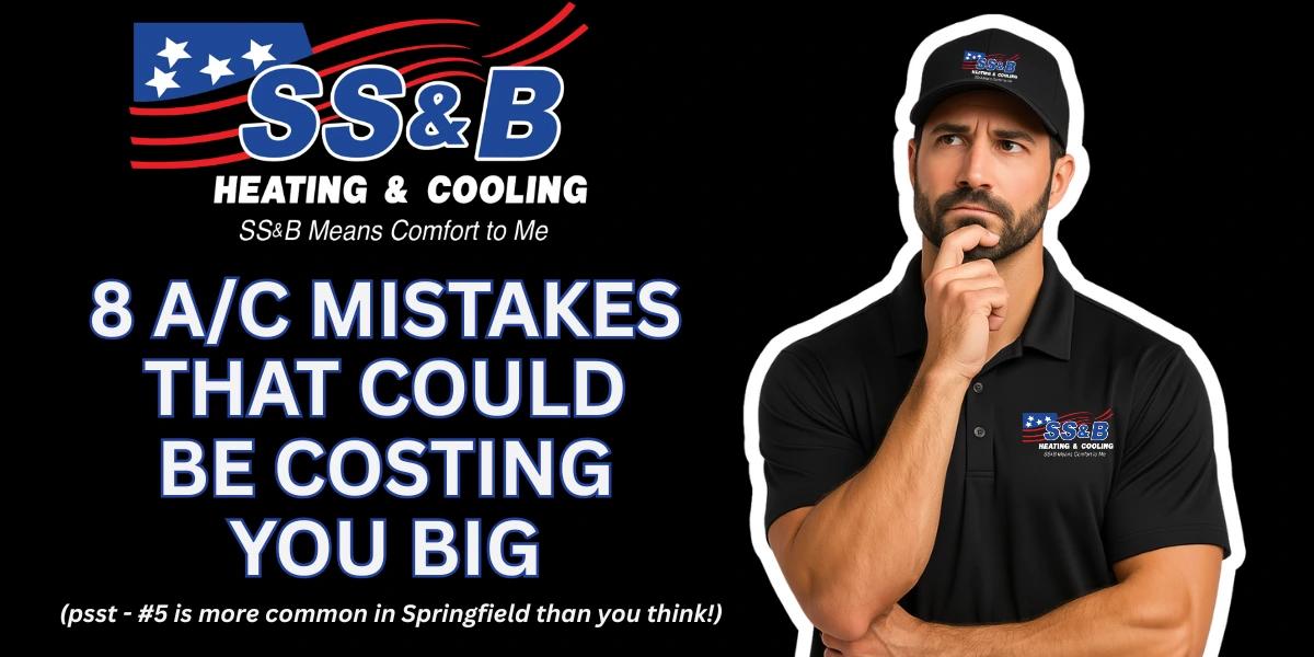 SS&B Heating & Cooling spokesperson in front of sign that says "8 A/C Mistakes That Could Be Costing You Big" sign