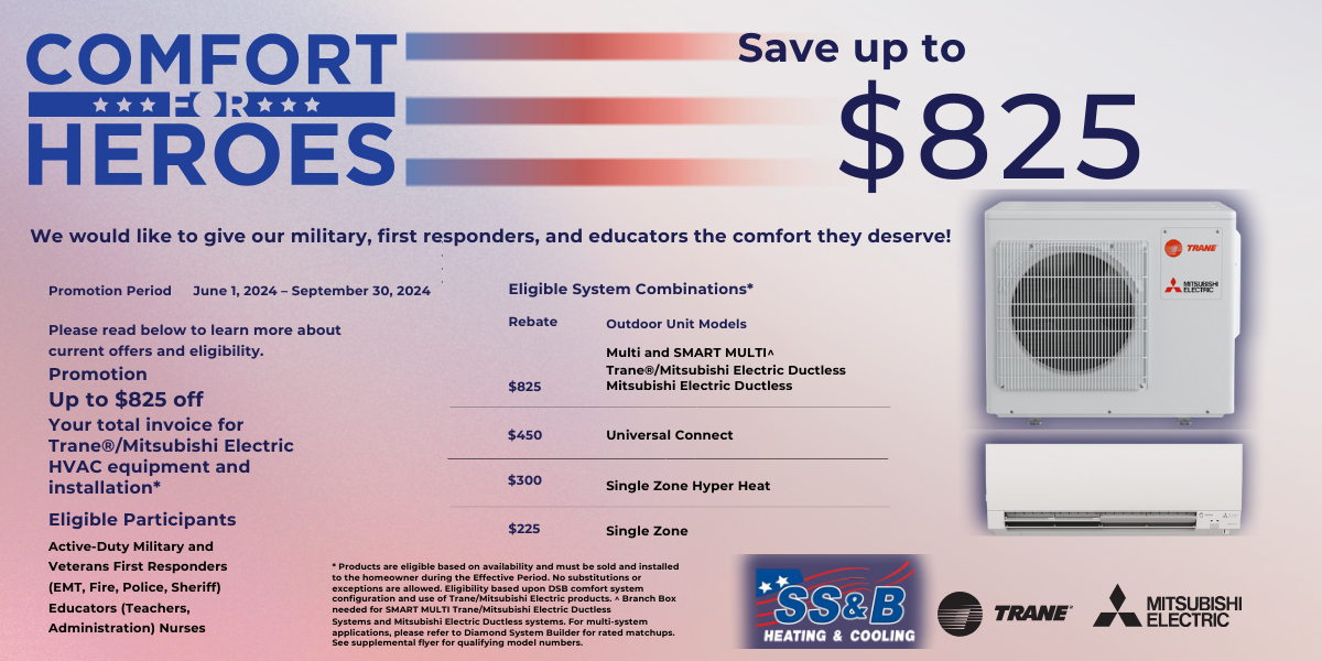 Comfort for Heroes promotion offering up to $825 instant rebate on Mitsubishi Electric Trane ductless HVAC systems for active-duty military, veterans, first responders, educators, and nurses. Valid June 1 - September 30, 2024.