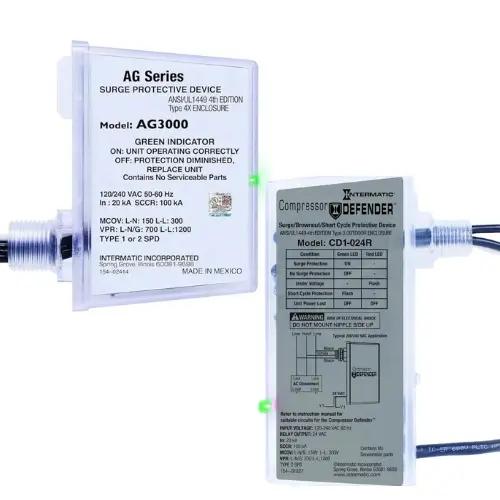 Pair of HVAC surge protectors, including the AG3000 and Compressor Defender®, designed to safeguard HVAC systems from electrical surges. Both units feature clear status indicators and robust protection, ensuring reliable performance and longevity for your HVAC equipment.