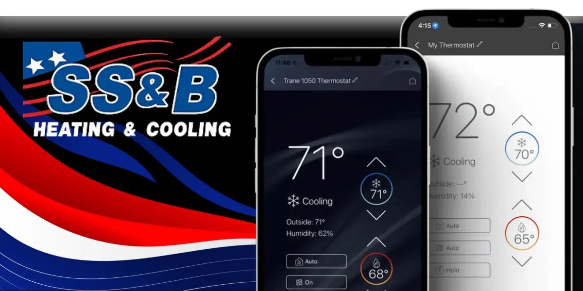 Smartphone displaying the Trane Home App interface alongside the SS&B Heating & Cooling logo, representing advanced HVAC control in Springfield, MO.