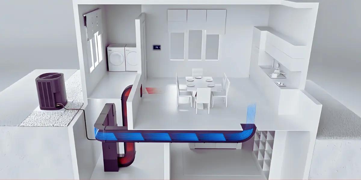 Illustration showing a furnace and air conditioner working in harmony to regulate home temperature for optimal comfort.