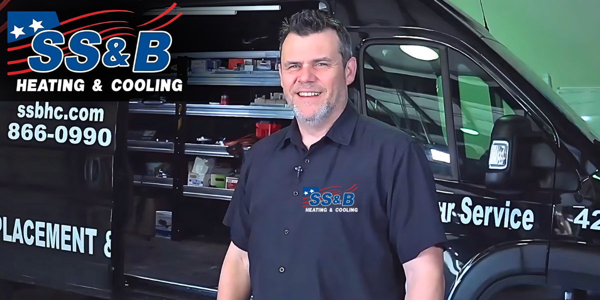SS&B Heating & Cooling spokesperson Tom speaking in front of a service van in Springfield, MO.