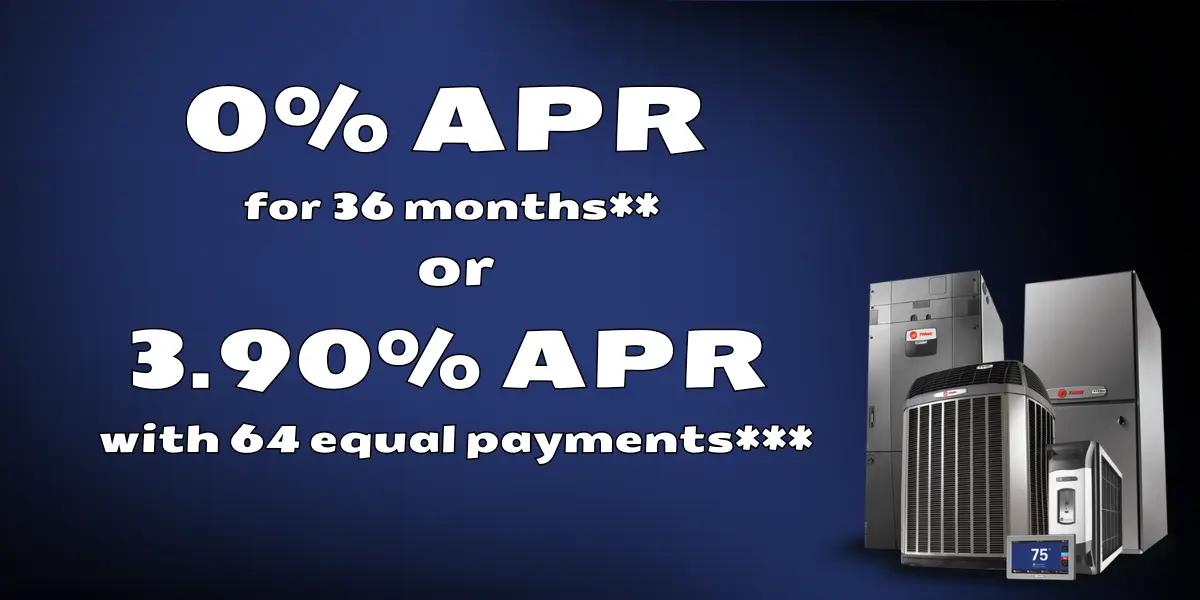 SS&B Heating & Cooling promotion featuring 0% APR for 36 months or 3.90% APR with 64 equal payments on Trane HVAC systems. Image showcases Trane products, including furnaces and air conditioners, with a message highlighting year-round comfort and flexible payment options. The offer is valid until December 31, 2024.