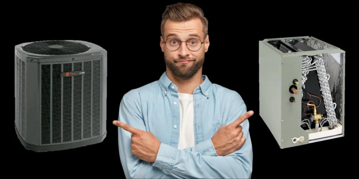 Guy pointing and both AC and leaking indoor evaporator coil in Springfield, MO.