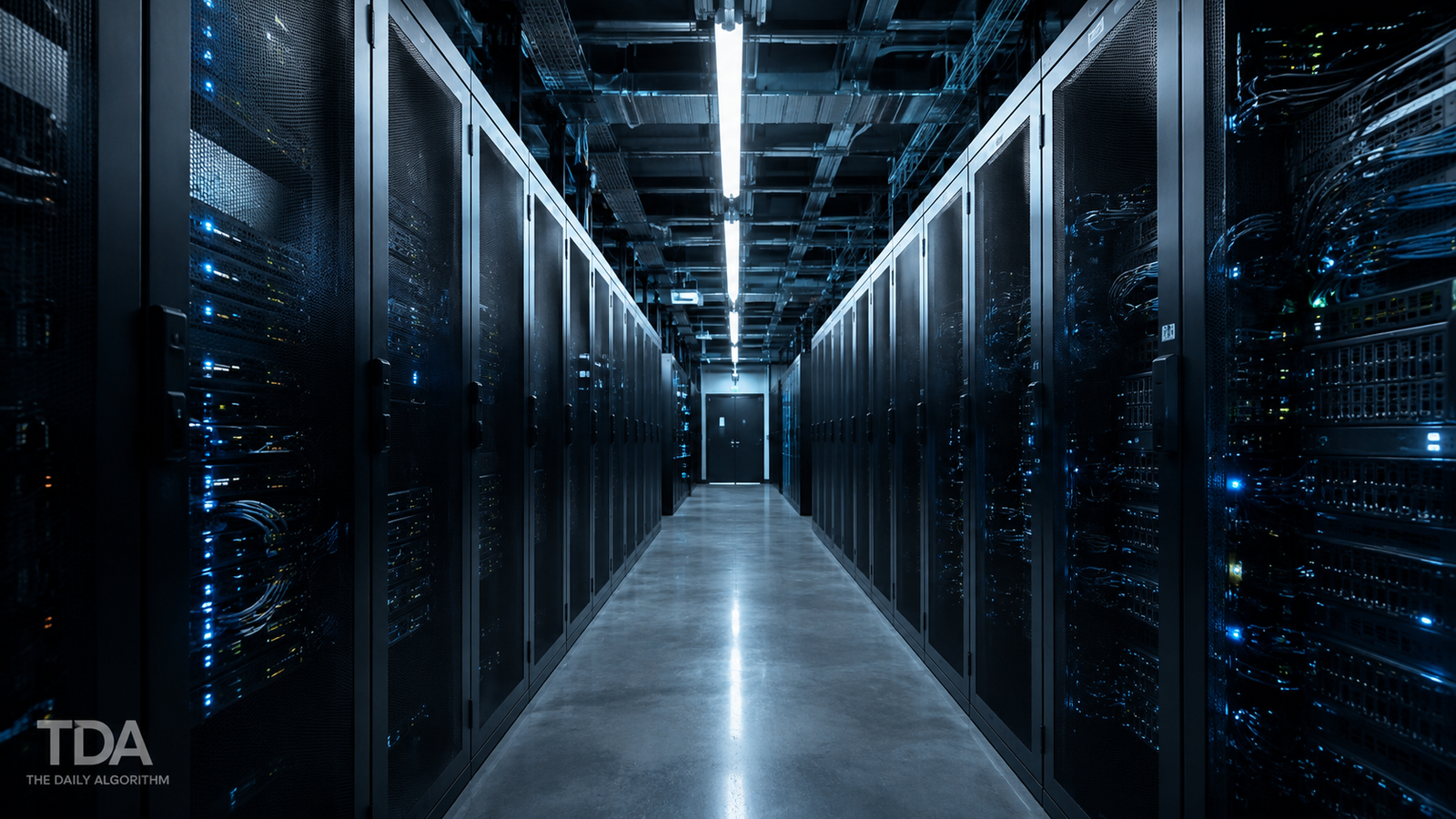 Wide angle view of densely packed server racks in a modern data center corridor under cool overhead lighting.