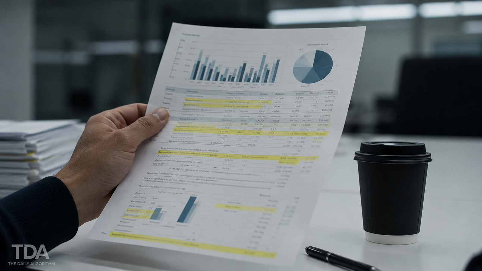 A hand holding a printed earnings report with highlighted text under harsh fluorescent office lighting, with a coffee cup and pen in the background.