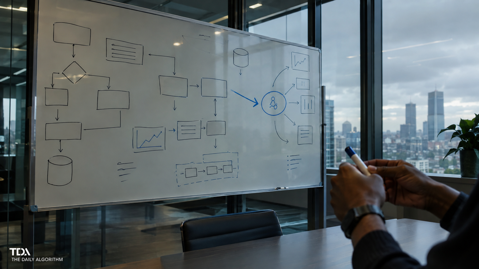 A whiteboard covered in process flow diagrams inside a glass walled conference room, with hands holding a dry erase marker pointing at a key node.
