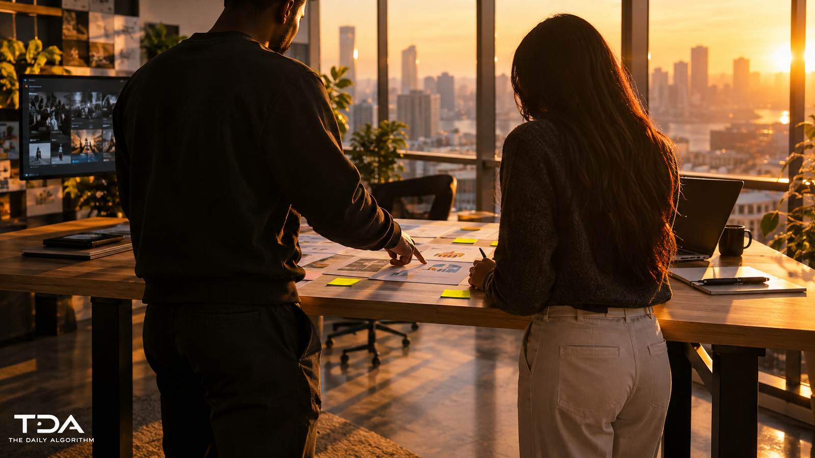 Two people standing at a startup office desk covered in printed documents and sticky notes, one pointing at a document, in warm early morning golden hour light.