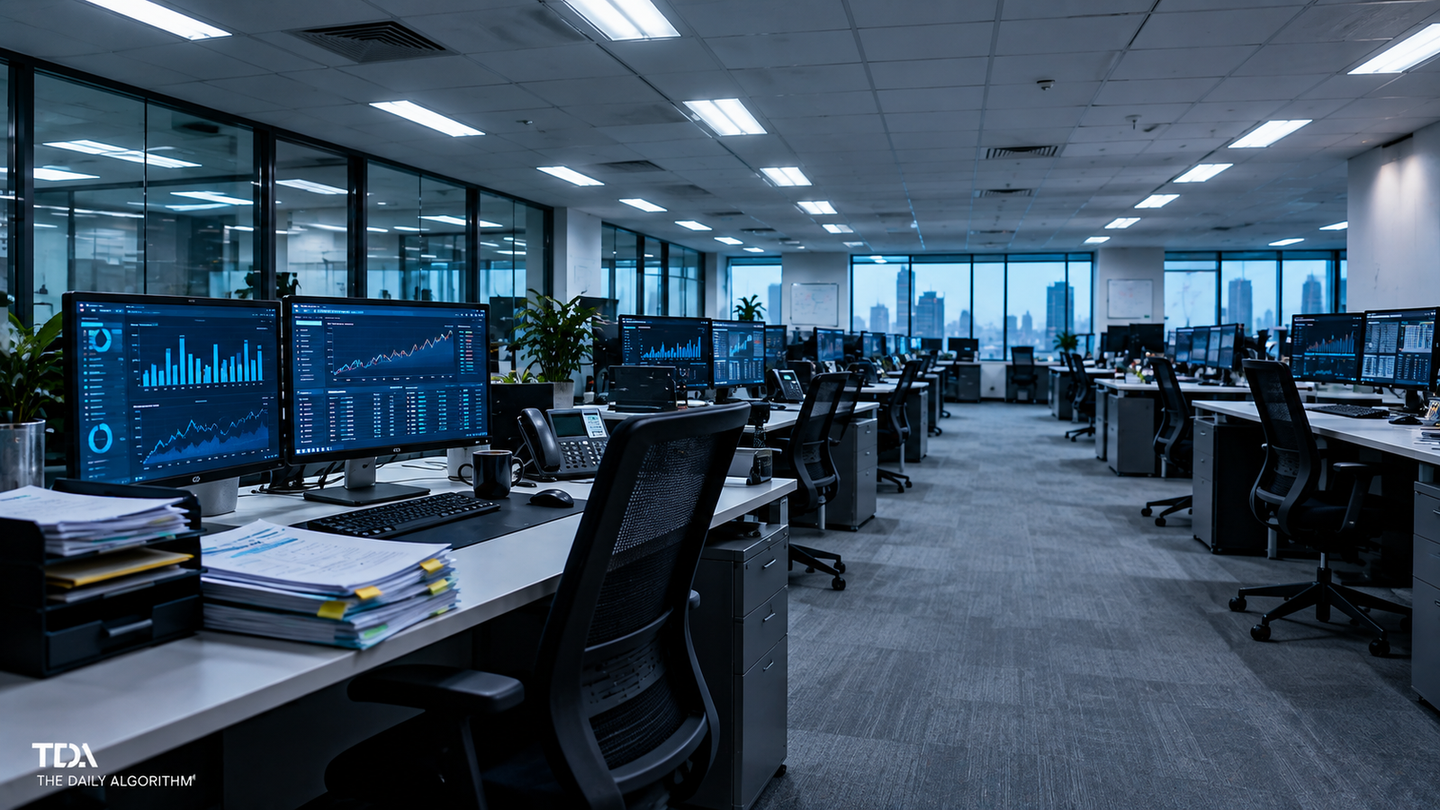 A row of empty finance office workstations under fluorescent lighting, each monitor displaying charts and graphs, with papers stacked on the nearest desk.