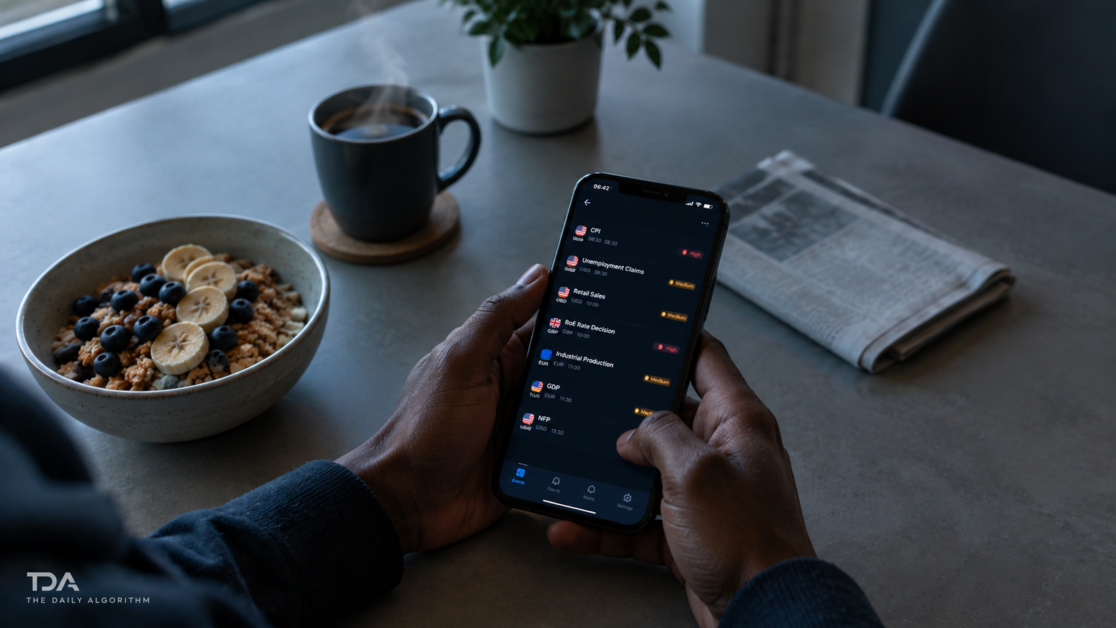 Hands holding a smartphone over a breakfast table with an untouched bowl of cereal and a steaming coffee cup in soft early morning light.