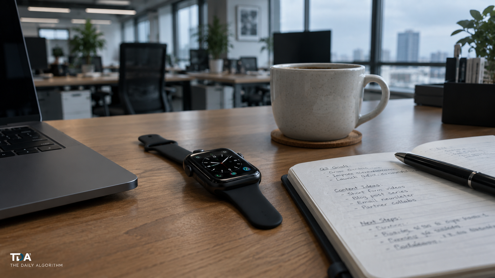 An Apple Watch face up on a wooden office desk beside a coffee cup and open notebook under overcast light.