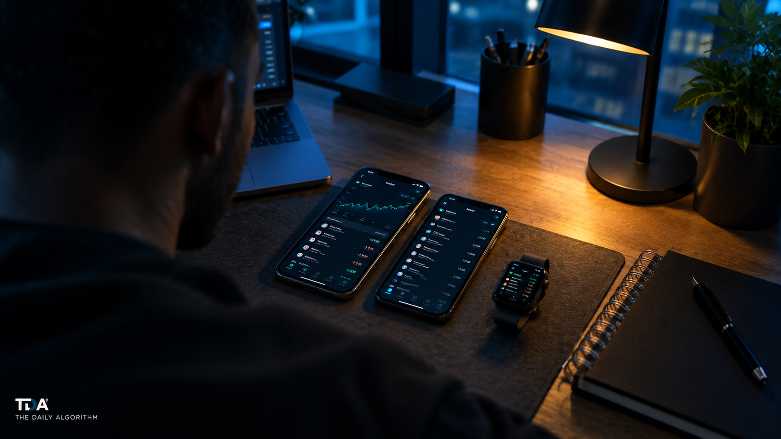 Over the shoulder view of a desk with two iPhones and an Apple Watch showing synchronized screens under cool ambient light and a single warm lamp.