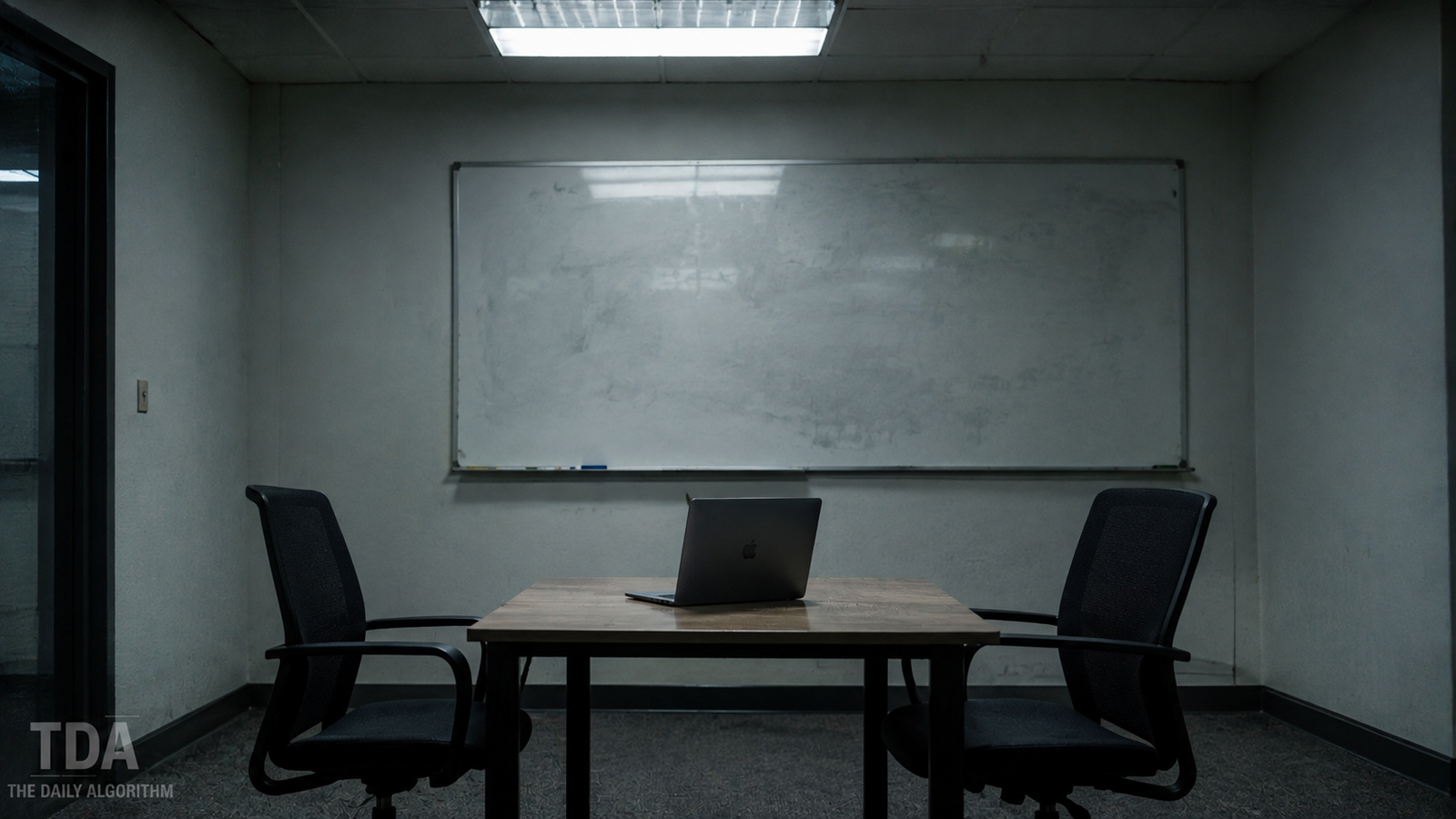 An empty interview room with fluorescent lighting, a small table with an open laptop, two facing chairs, and a whiteboard with erased marks in the background.