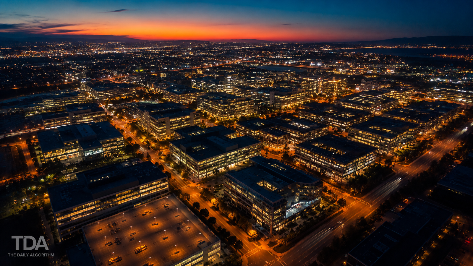 Aerial wide angle view of a dense urban technology district at dusk with amber city lights and a deep blue sky.