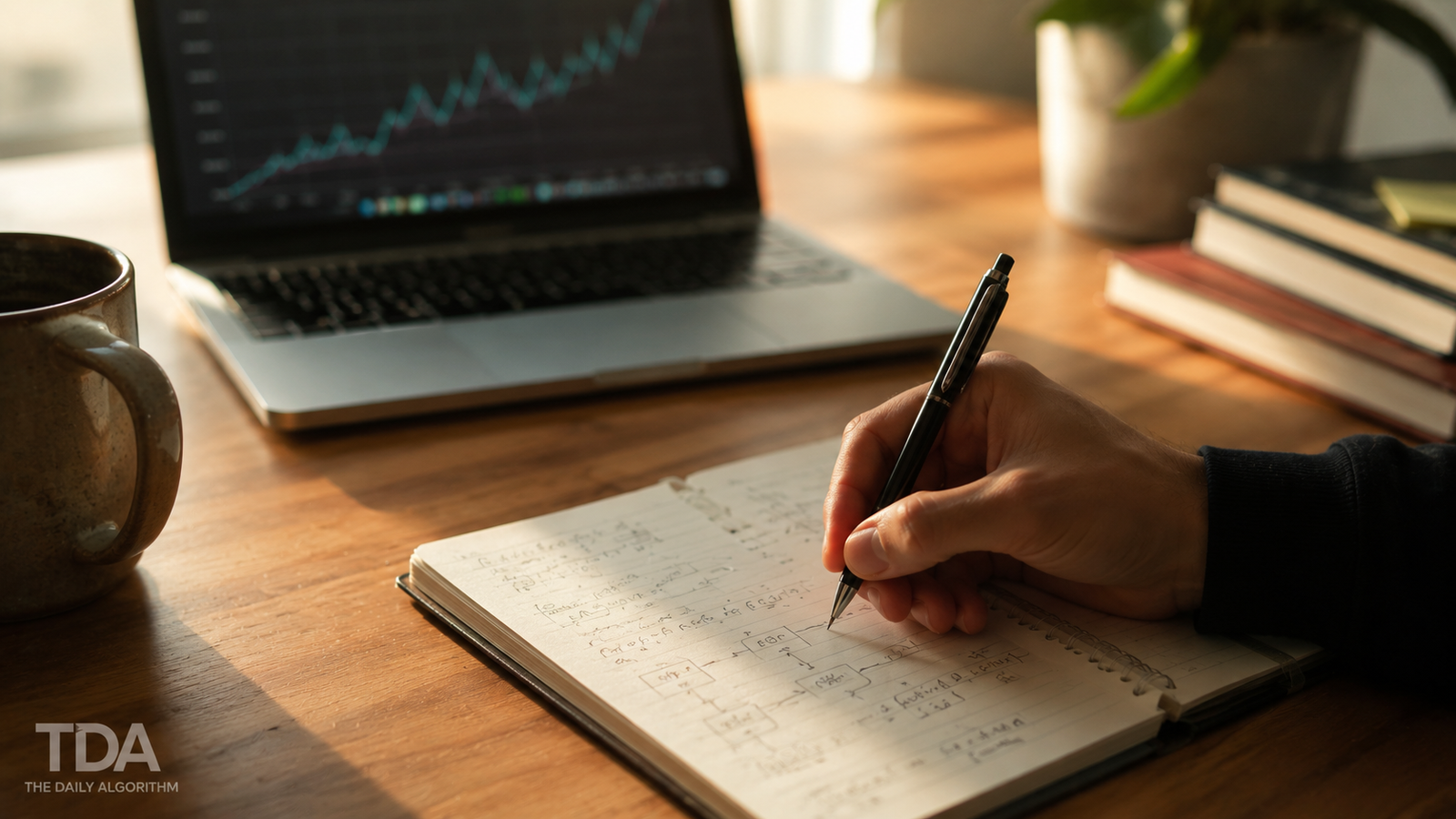 A hand writing calculations and arrow diagrams in a notebook on a wooden desk, with a laptop showing an upward graph in the background in warm morning light.