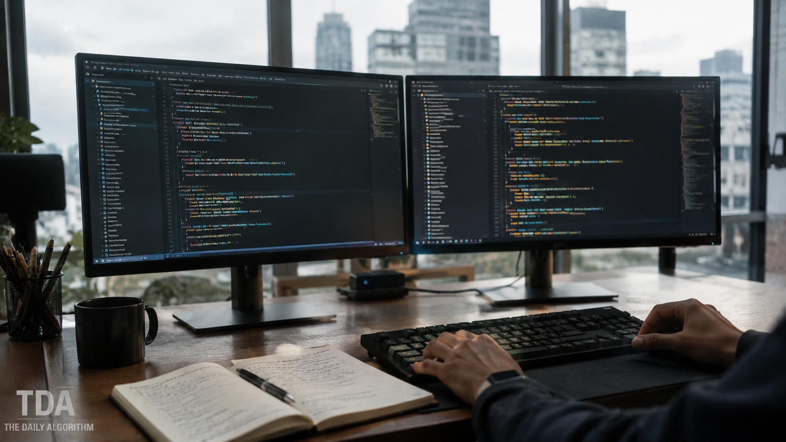 A dual monitor developer setup with two code files open side by side and a handwritten notebook beside the keyboard, in overcast daylight.