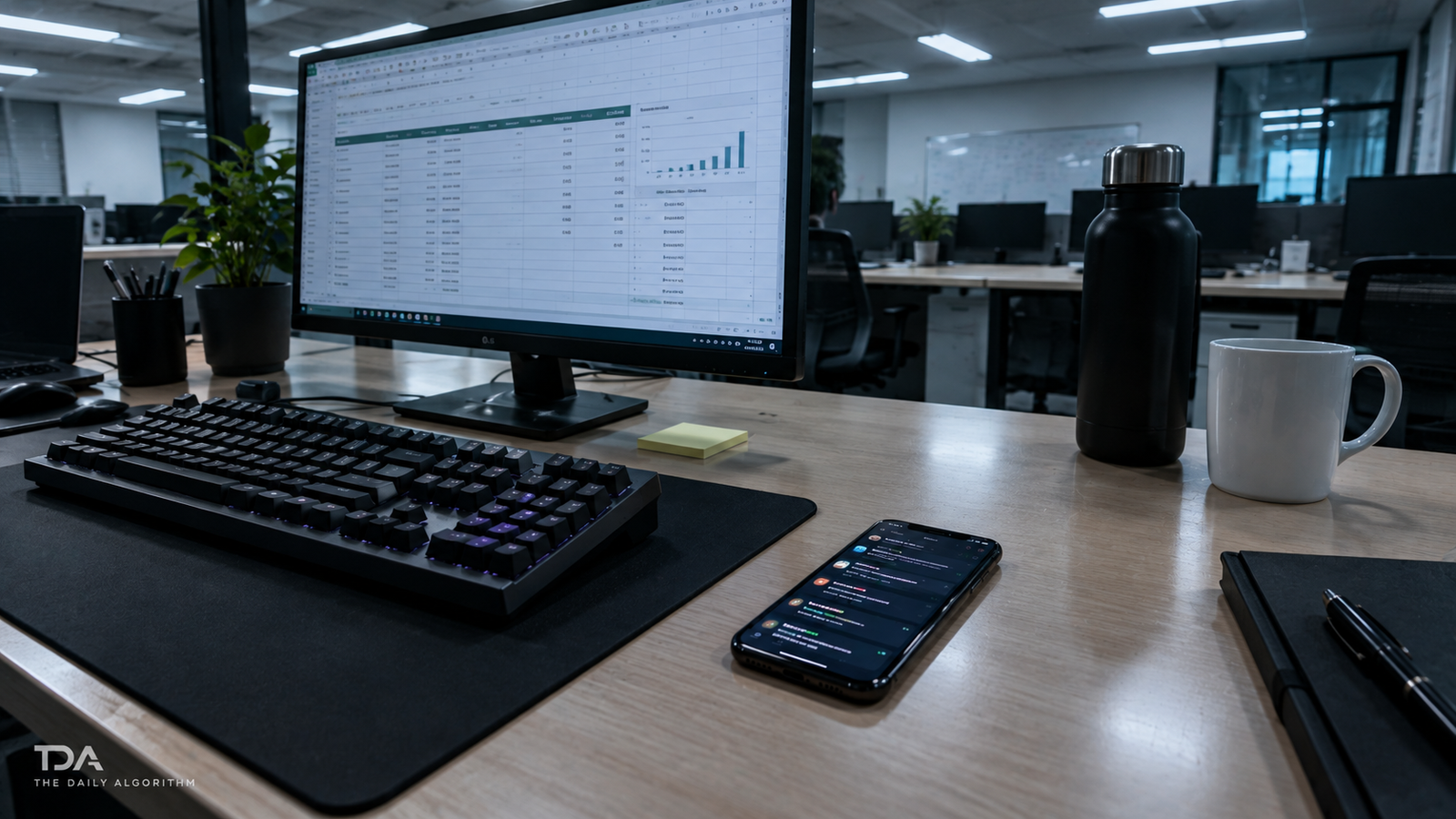 An office desk with a mechanical keyboard, an open spreadsheet on a monitor, and a smartphone screen lighting up face-up beside the keyboard under fluorescent light.