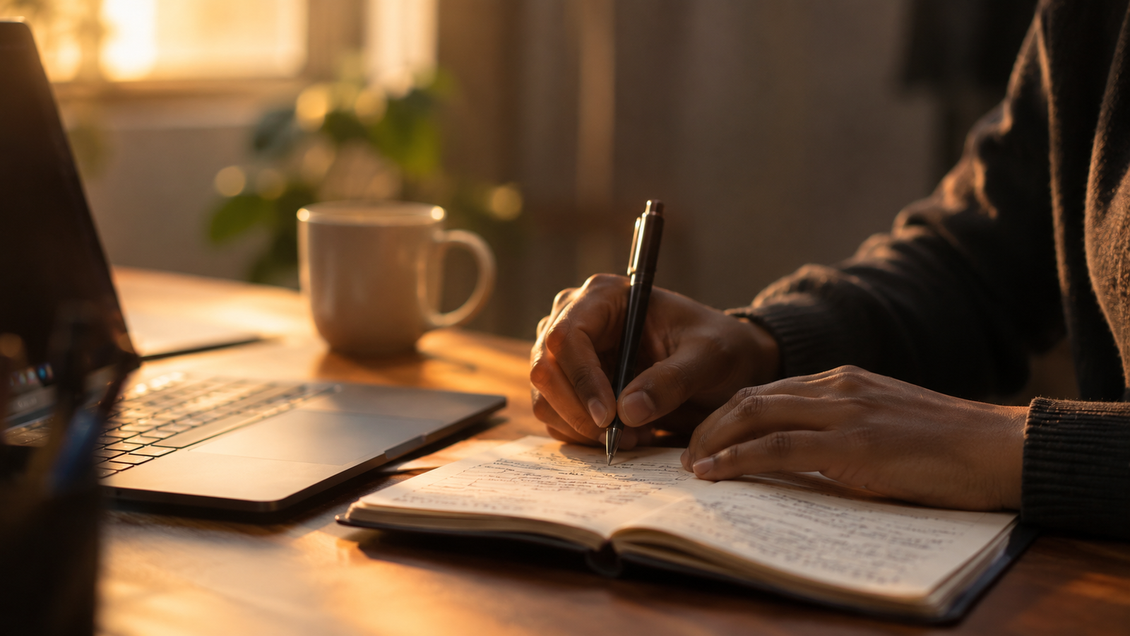 Hands writing notes in a paper notebook beside a laptop on a home office desk in warm afternoon light, with a blurred tea mug in the background.