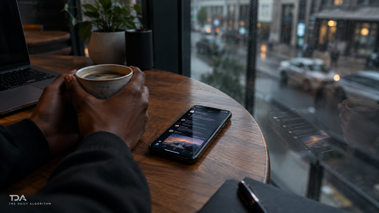 A smartphone showing a scrolling social media feed on a coffee shop table beside a ceramic mug, reflected in a rain streaked window.
