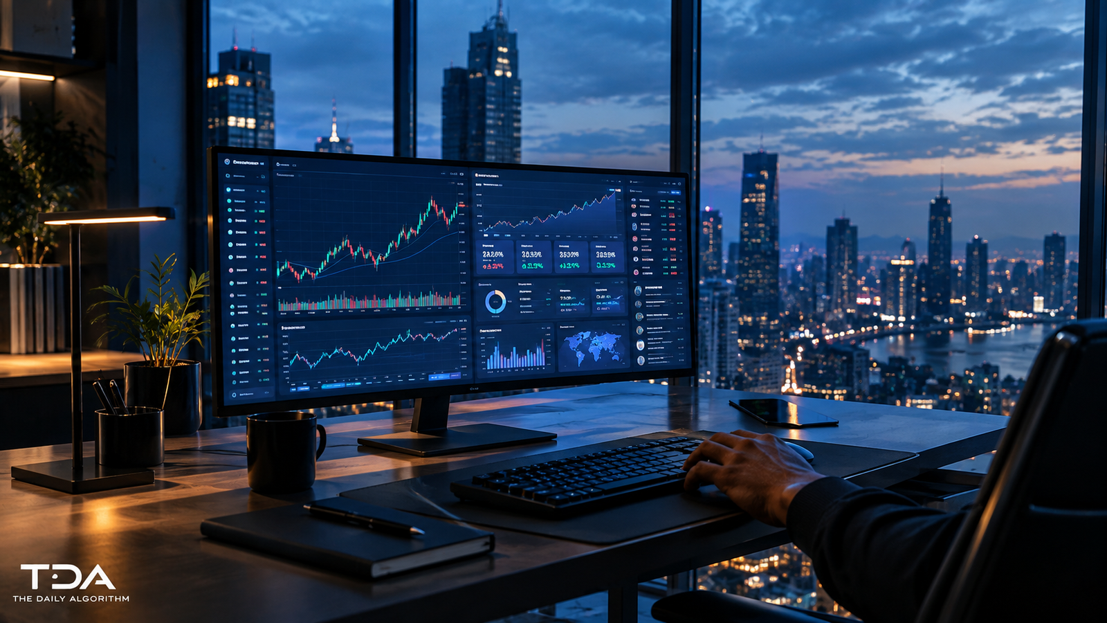 A large financial dashboard displayed on a monitor in a minimal office with floor-to-ceiling windows showing a city at dusk, a hand reaching toward the keyboard.